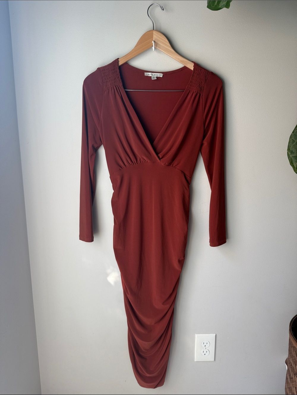 Haute Monde Rust Ruched Bodycon Midi Dress